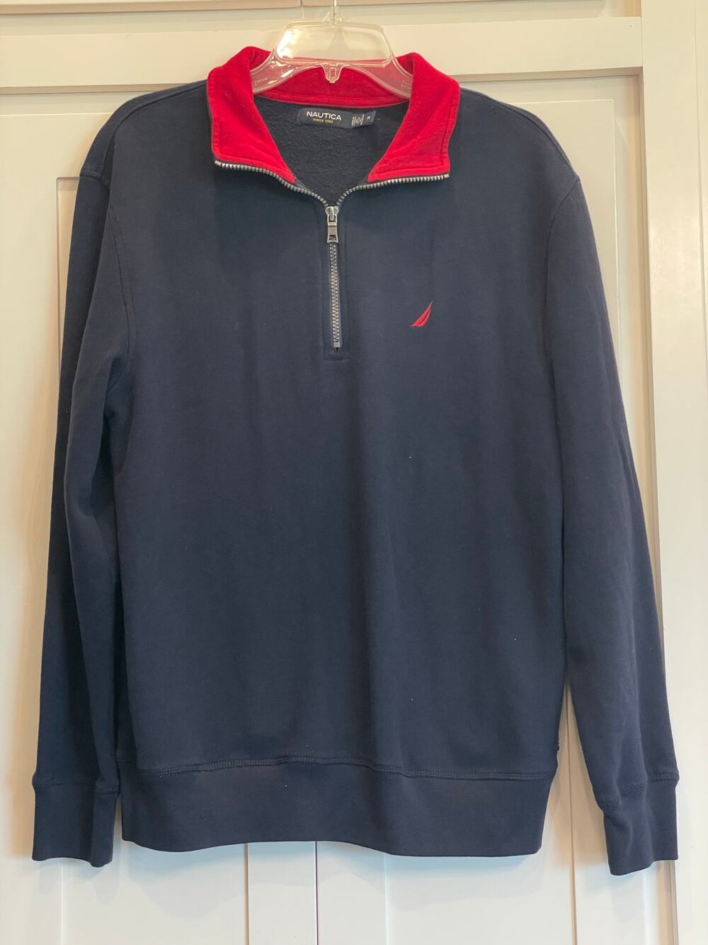 Nautica Men’s Medium Navy Quarter Zip Fleece Pullover Red Collar Y2K